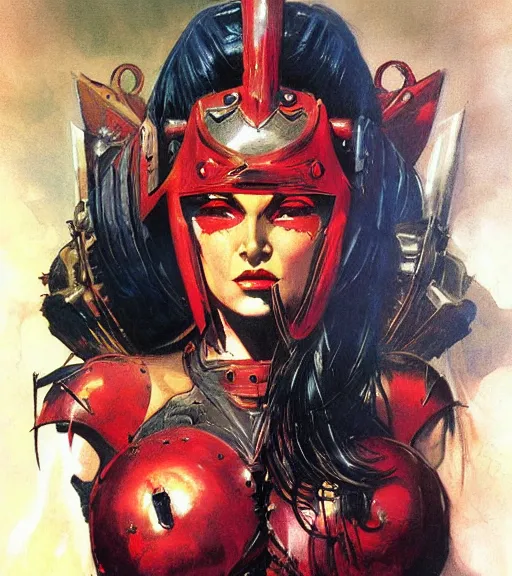 Image similar to portrait of strong female chaos angel, beautiful! coherent! by frank frazetta, by brom, strong line, vivid neon color, spiked metal armor, iron helmet maximalist