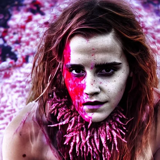 Prompt: 3 5 mm coloured film portrait of emma watson as aghori sadhu covered in ash creature, hyperrealism, celestial red flowers vibe, photorealistic, detailed, atmospheric, 8 k, award winning photography, cinematic