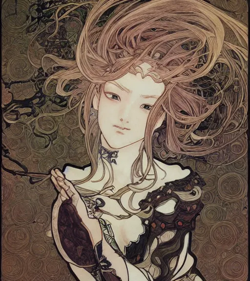 Image similar to yoshitaka amano anime painting, intricate line drawings, pen and ink, alphonse mucha, claire wendling, kentaro miura, ruan jia