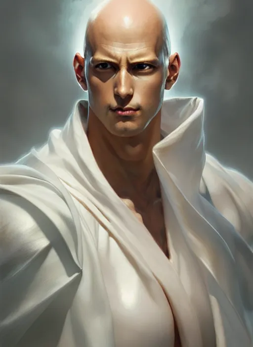 Image similar to ultra realistic illustration, handsome saitama. white cape, intricate, elegant, highly detailed, digital painting, artstation, concept art, smooth, sharp focus, illustration, art by artgerm and greg rutkowski and alphonse mucha and wlop