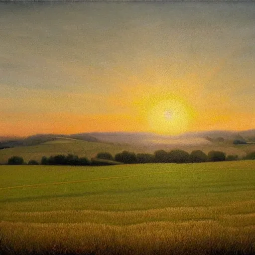 Prompt: a landscape of fields and the sun going down art by Corfield Paul