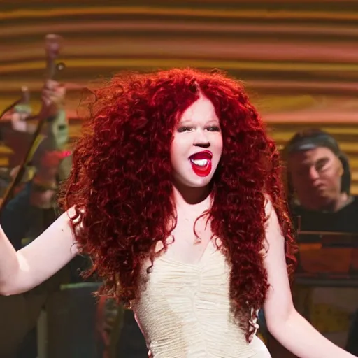 Image similar to a beautiful girl with long curly red hair on a singing on broadway stage