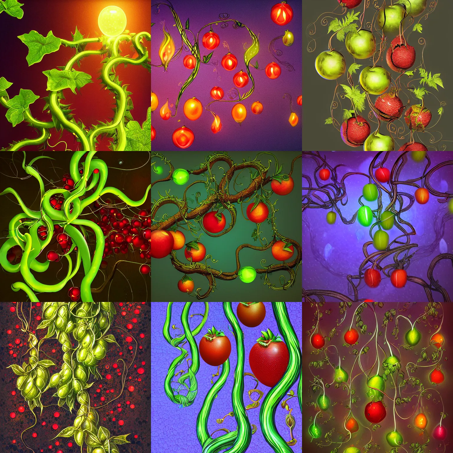 Prompt: Illustration of the strange vine showing the glowing fruits. Fantasy art, 8k high resolution.