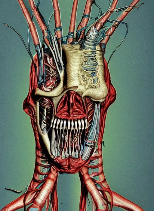 Image similar to vintage medical anatomical illustration of predator ( 1 9 8 7 ) mouth, highly detailed, labels, intricate writing