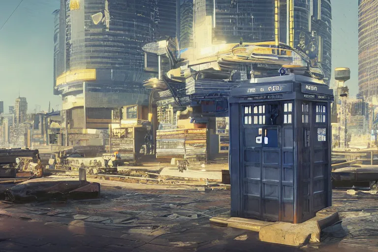 Image similar to tardis in cyberpunk 2 0 7 7