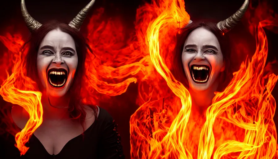 Prompt: portrait of a beatuiful laughing woman with horns made of flames in gothic attire, creepy vibe, studio photography, studio lighting, realistic render, octane render, 4 k, 8 k, face in focus