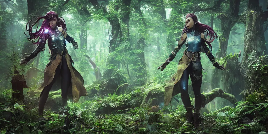 Image similar to female earth mage, high quality character design, action pose : : spotlight, magical, biopunk, forestpunk, forest, mushrooms, high detail, 8 k, oled, shadows, reflections, digital art, official art, octane render, dynamic camera angle, unreal engine