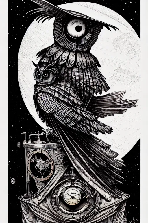 Prompt: side view of majestic steampunk anthropomorphic owl alchemist cloaked wizard, high details, bold line art, by vincent di fate and joe fenton, inking, etching, screen print, masterpiece, trending on artstation, sharp, high contrast, hyper - detailed,, hd, 4 k, 8 k