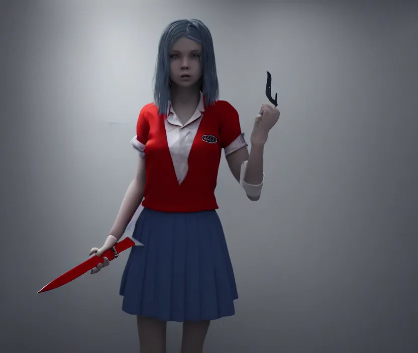 Image similar to school girl holding a knife and standing on an abandoned hospital room with red ceiling lighting and several blue lights on the walls, gloomy and foggy atmosphere, octane render, artstation trending, horror scene, highly detailded