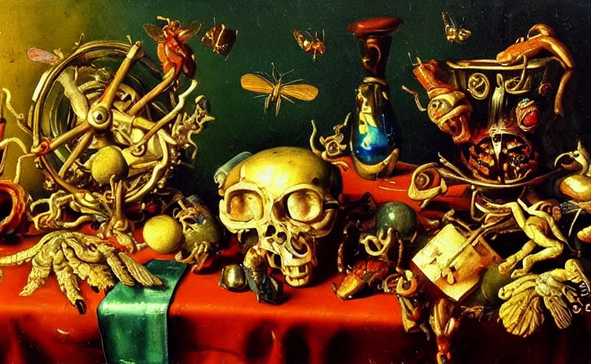 Image similar to disturbing colorful oil painting dutch golden age vanitas still life with bizarre objects strange gooey surfaces shiny metal bizarre insects rachel ruysch dali todd schorr very detailed perfect composition rule of thirds masterpiece canon 5 0 mm, cinematic lighting, photography, retro, film, kodachrome