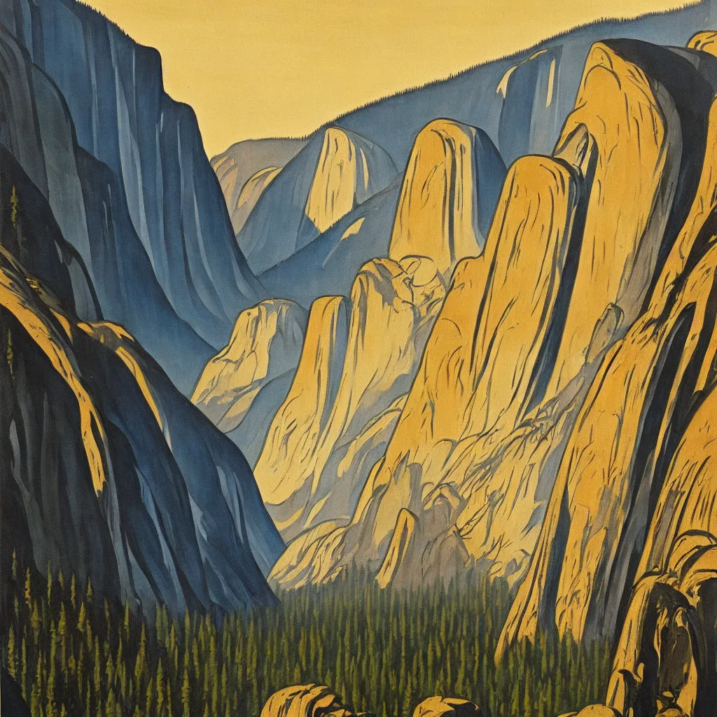 Image similar to an art deco painting of yosemite valley, art deco 1 9 3 0