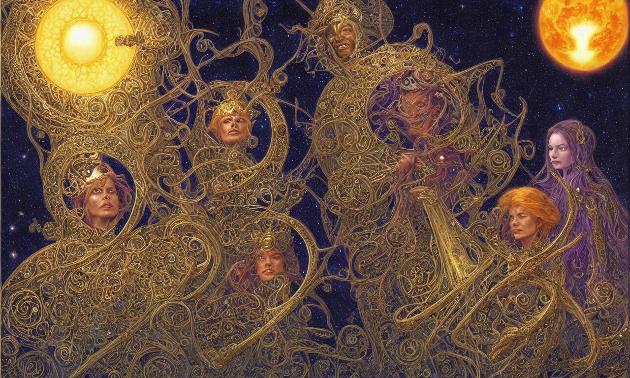 Image similar to sun king and moon queen in the cosmic court of mystical astronomy, art by james c. christensen and donato giancola