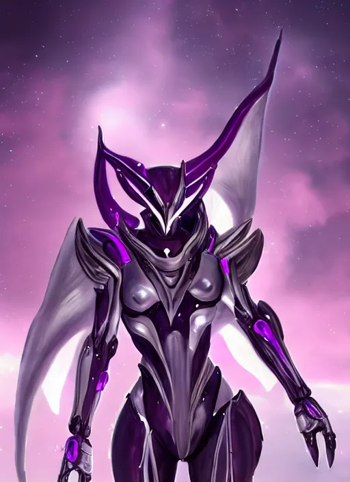 Image similar to cinematic close shot, galactic sized goddess, proportional stunning beautiful hot female warframe, sleek mecha female dragon head, metal ears, led purple eyes, smooth fuschia skin, sleek silver armor, floating in space, holding a galaxy, epic proportions, epic size, epic scale, furry art, dragon art, giantess art, warframe fanart, furaffinity, octane