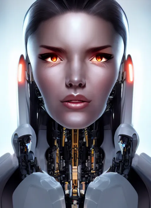 Image similar to portrait of a cyborg woman by Artgerm, (((((face turns left!!!!!))))) (((((face turns right))))), open eyes , biomechanical, hyper detailled, trending on artstation