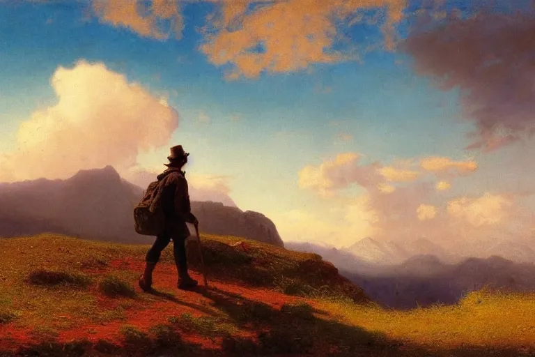 Image similar to a traveler wandering trough the mountains looking at the clouds, very detailed, focused, oil painting, cinematic lighting, albert bierstadt, trending on artstation, colorful, canvas, sunset, hans dahl, theodor kittelsen, hermann hendrich, national geographic, Konstantin Yakovlevich Kryzhitsky, beautiful nature, breathtaking