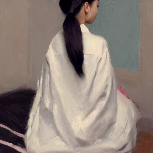 Prompt: girl with pony tail, in kimono, backview, sitting on edge of bed, by jeremy lipking, tim rees, joseph todorovitch, 8 k, sharp, detailed, high quality