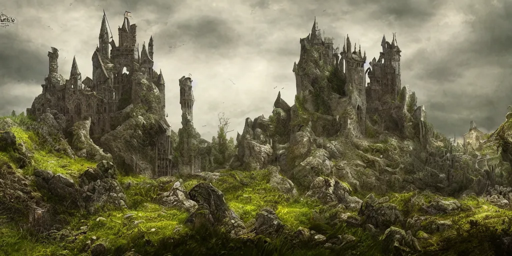 Prompt: matte painting, castle, dramatic landscape, overgrown