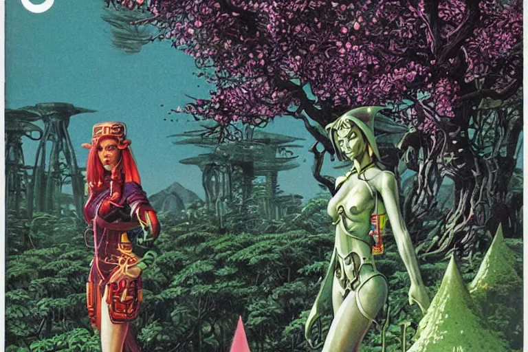 Image similar to 1979 OMNI Magazine Cover of a female Druidic elf with armor by a cherry tree in a Neo-Tokyo garden in cyberpunk style by Vincent Di Fate