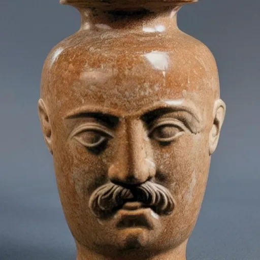 Image similar to a beautiful ancient greek amphora museum ceramic pottery vase depicting stalin waving