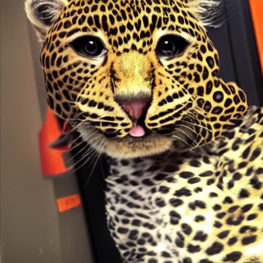 Image similar to cute teenage anthropomorphic leopard wearing a space suit