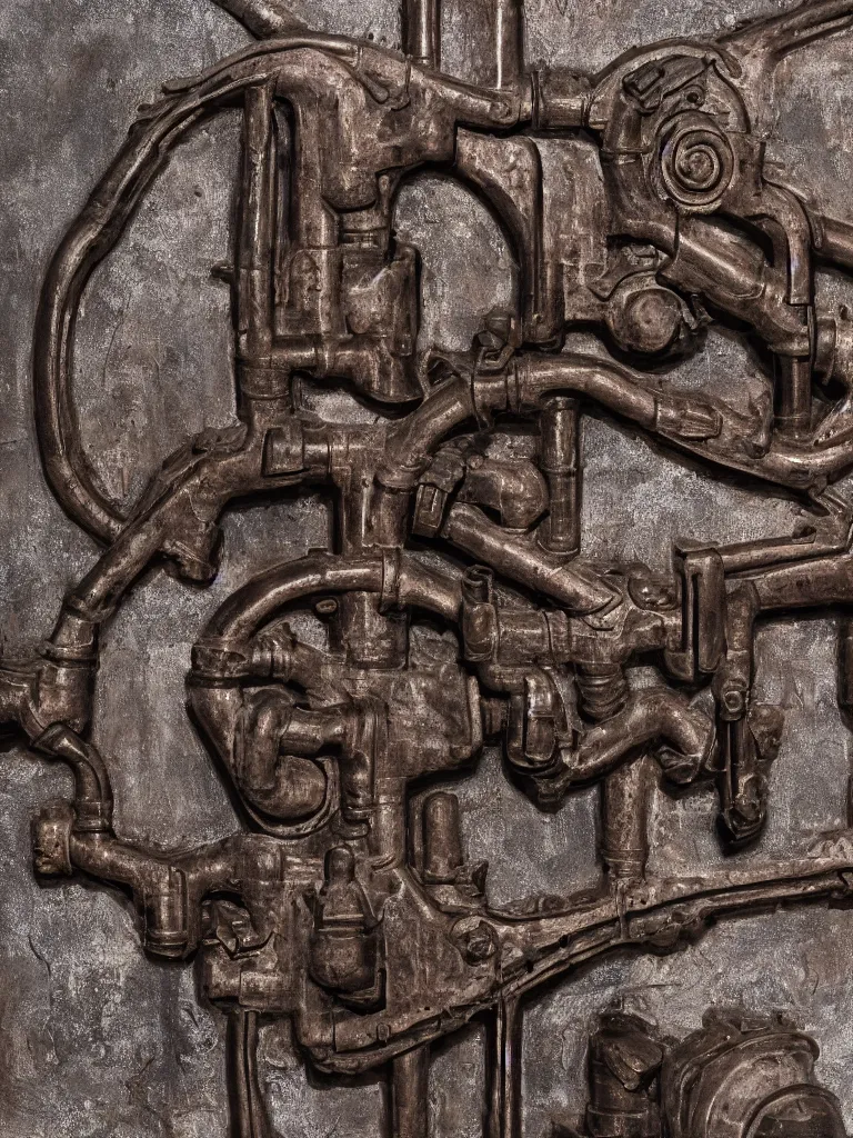 Image similar to relief sculpture carving in rusted steel of machine guns, industrial pipes, valves, steam, dramatic lighting, hyperrealistic, ultrarealistic, intricate details, 4k