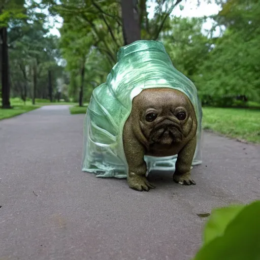 Image similar to a photo of a living dog - sized tardigrade with translucent skin walking in a park. the tardigrade evolved to be this large.
