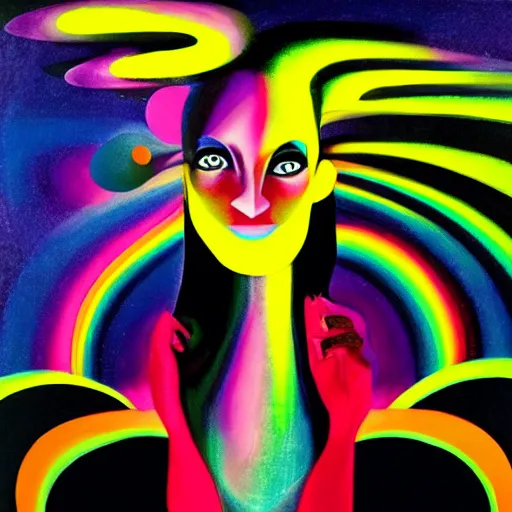 Image similar to a black woman with yellow eyes and a dark rainbow background, gouache painting by tomokazu matsuyama, by ed paschke, by agnes pelton, by patrick nagel, behance contest winner, generative art, irridescent, holography, neon, dark art, retrowave, grain, black background