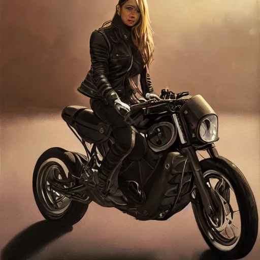 Image similar to a painting of a bunny wearing a leather jacket, riding a motorcycle, elegant, highly detailed, digital painting, artstation, concept art, matte, sharp focus, highly detailed, 4 k, hdr, smooth, sharp focus, high resolution, award - winning photo, photorealistic, art by artgerm and greg rutkowski and alphonse mucha, large shot