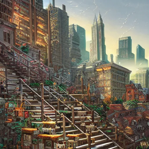 Image similar to a painting of a bunch of buildings with stairs, a detailed matte painting by dan mumford, deviantart contest winner, maximalism, 2 d game art, detailed painting, physically based rendering