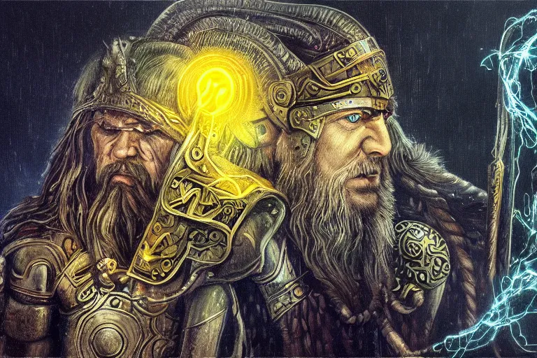 Prompt: mythological viking odin all father Shaman of artificial intelligence creating an artificial neural network with thunder with yellow synapses on an anvil, high resolution, award winning art, trending on art station, sharp image, incredibly detailed, detailed character realistic painting