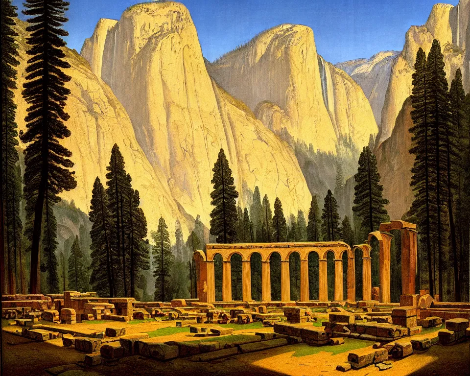 Image similar to an achingly beautiful print of roman ruins in the middle of Yosemite valley by Raphael, Hopper, and Rene Magritte. detailed, romantic, enchanting, trending on artstation.