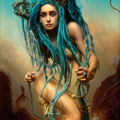 Image similar to birth of mami wata, sumerian goddess inanna ishtar, ashteroth, techno mystic goddess princess intergalactica, with aqua neon rapunzel dreadlocks, mami wata, detailed, by gaston bussiere, bayard wu, greg rutkowski, giger, maxim verehin, greg rutkowski, masterpiece, sharp focus,