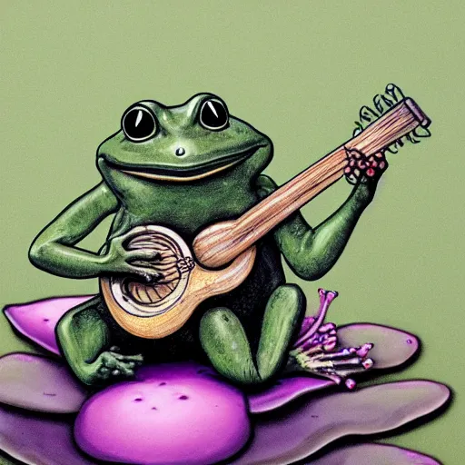 Image similar to humanoid frog sitting cross legged on a lilly pad playing a banjo and smoking a mushroom