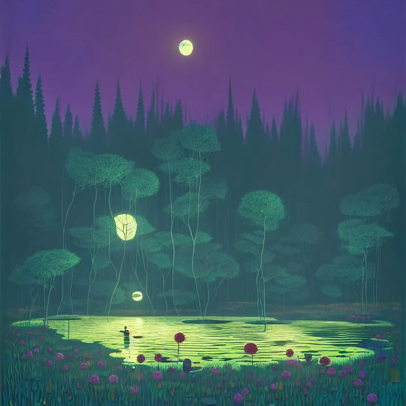 Image similar to ( ( ( gediminas pranckevicius ) ) ), a pond in the forest, moonlight, flower garden summer morning, very coherent and colorful high contrast art by simon stalenhag james gilleard floralpunk screen printing woodblock, dark shadows, pastel color, hard lighting