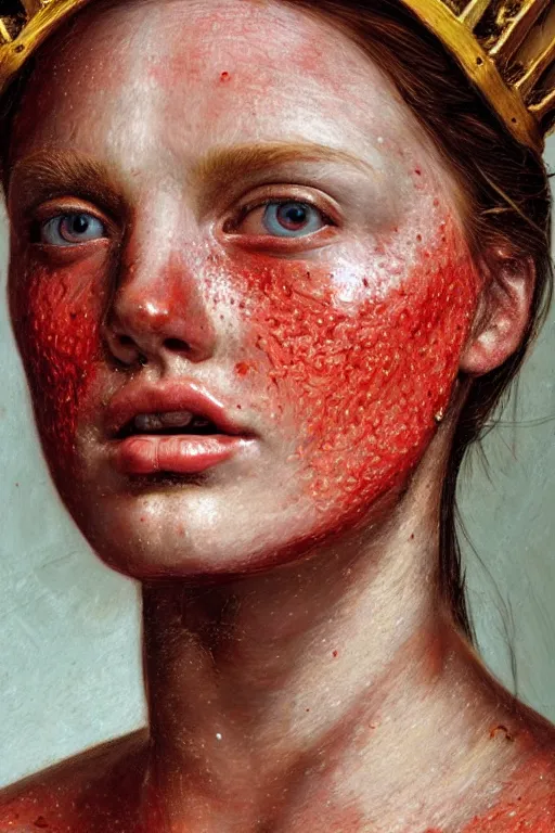 Prompt: hyperrealism extreme close-up portrait of burning in fire medieval female with freckles, in red paint, pale skin, wearing huge golden crown, in style of classicism