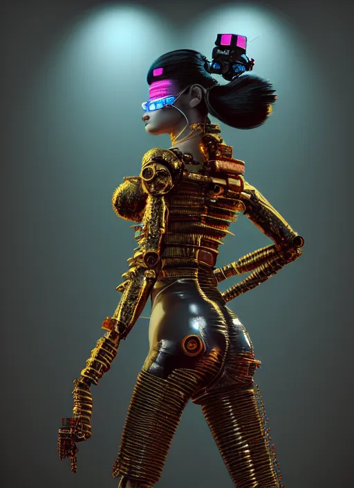 Prompt: full body portrait of a cyberpunk geisha raver gutter punk cyborg, golden ratio, details, scifi, dark fantasy, cyberpunk, intricate, ornate, highly detailed, octane render, 8 k, artstation, loish, wlop