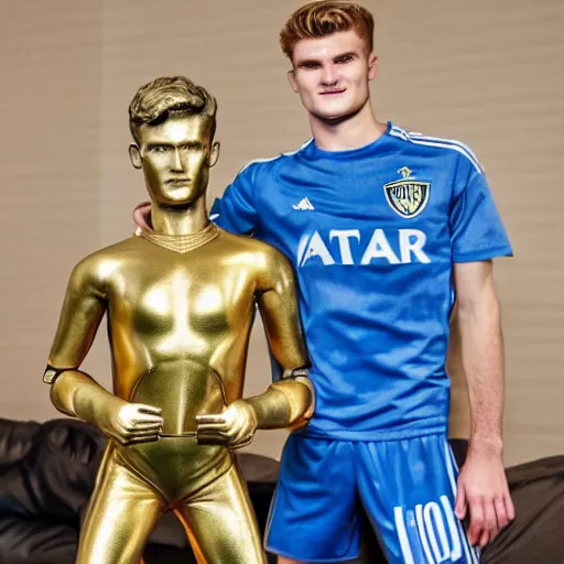 Image similar to a realistic detailed photo of a guy who is an attractive humanoid who is half robot and half humanoid, who is a male android, soccer players martin ødegaard & timo werner, shiny skin, posing like a statue, blank stare, in a living room, on display, showing off his muscles, gold soccer shorts, no jersey, statue, many copies of them