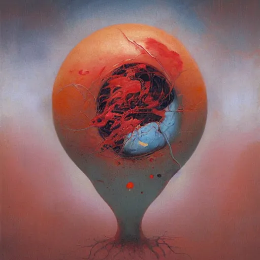 Image similar to a sphere being devoured by abstract splatters of paint in the style of francis bacon, venus being engulfed in flames in the style of james jean, surreal, beksinski, high detailed