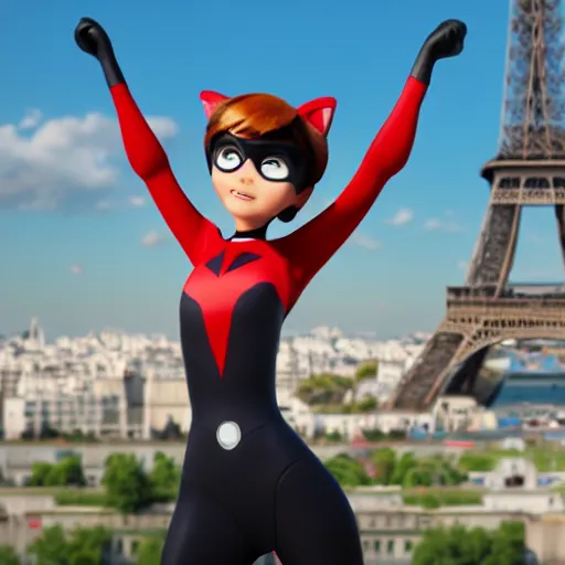 Image similar to dynamic angle of superheroe Marinette Dupain-Cheng from Miraculous: Tales of Ladybug & Cat Noir action pose in front of the eiffel tower, octane render, close-up, fresh, sunny day