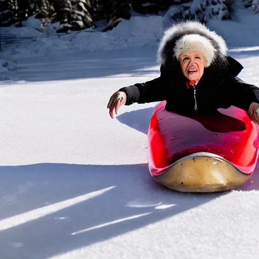 Prompt: professional photo, an elderly woman sliding down an incredibly long ice luge on her back at incredibly high speeds