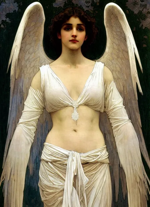 Image similar to painting of a beautifully robed angel with huge white feather wings, intricate, elegant, hyperdetailed, by alphonse mucha and william - adolphe bouguereau and john william waterhouse