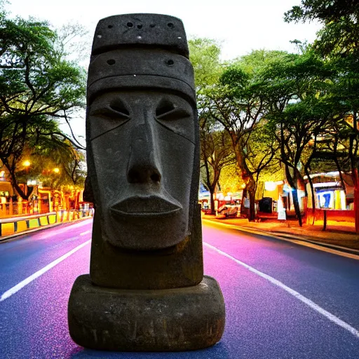 Image similar to a moai head statue roller skating on the street, set at night