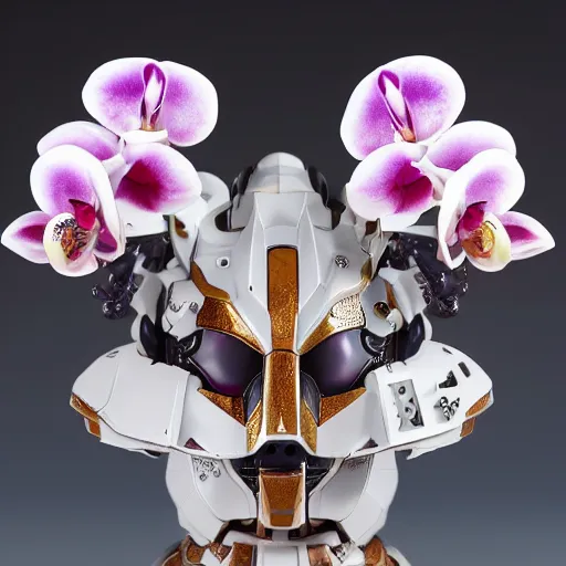 Prompt: futuristic phalaenopsis amabilis mecha tiger face in moon orchid body, sepals forming helmet, floral details, phalaenopsis, 8 k hd resolution, barbatos gundam with floral inlay, bandai box art, star wars, makoto kobayashi, frank gehry, raymond swanland