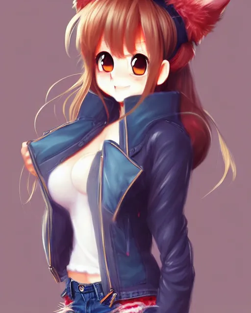 Image similar to fullbody portrait of anthropomorphic half - tiger fluffy cute anime woman in jeans coat, concept art, anime art, by a - 1 picture, trending on artstation artgerm, ross tran, wlop, marc davis