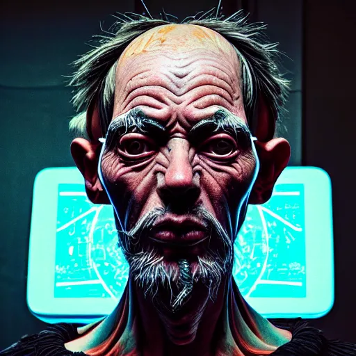 Image similar to Colour Caravaggio style Photography of 1000 years old man with highly detailed 1000 years old face wearing higly detailed cyberpunk VR Headset designed by Josan Gonzalez Many details. . In style of Josan Gonzalez and Mike Winkelmann andgreg rutkowski and alphonse muchaand Caspar David Friedrich and Stephen Hickman and James Gurney and Hiromasa Ogura. Rendered in Blender