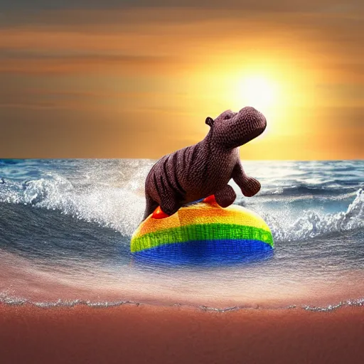 Image similar to a closeup photorealistic photograph of a cute smiling knitted tiger hippopotamus chasing a beachball during sunset. surf in background. professional capture. this 4 k hd image is trending on artstation, featured on behance, well - rendered, extra crisp, features intricate detail, epic composition and the style of unreal engine.