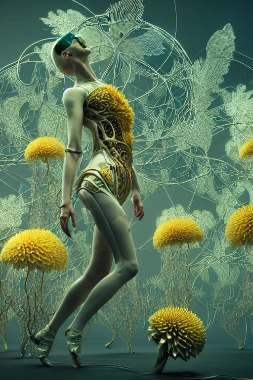 Image similar to intricate hyper detailed ultra sharp 3 d render, unity of mood, biomechanical cyborg ladies dancing, atmospheric, foliage, white large pore fungi, cyberpunk art nouveau, haute couture alexander mcqueen leaves stems colorful dahlias blooming transparent fractal filigree roots, intricate details, octane render, volumetric cinematic lighting, natural beautiful light, yellow infrared, lumiol, 8 k,