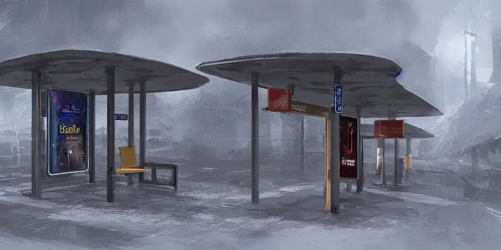 Prompt: concept art of a bus stop with walls for the far north in style of marc simonetti