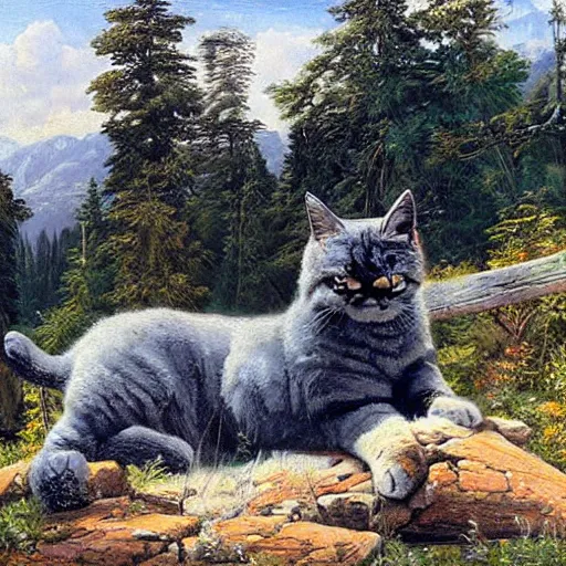 Image similar to huge gigantic cat in mountains, oil painting by Ivan Shishkin