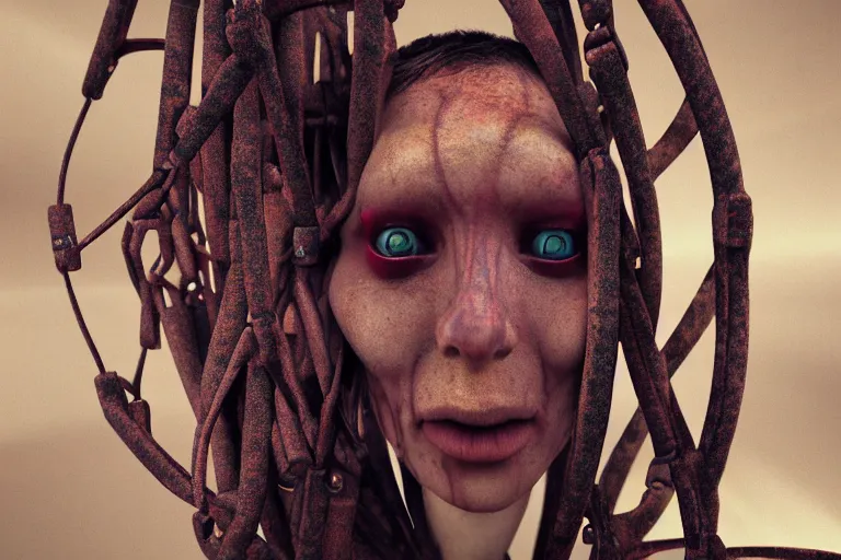 Prompt: 35mm color, humans enslaved, chained together, artificial intelligence, portrait, fashion shoot, weird, random, strange, hyperdetailed, photorealistic, interesting, by David la chapelle and karol bak and david cronenberg and WETA digital, Dariusz Zawadzki , ID magazine, octane rendering, cinematic, hyperrealism, octane rendering, 8k, depth of field, bokeh.